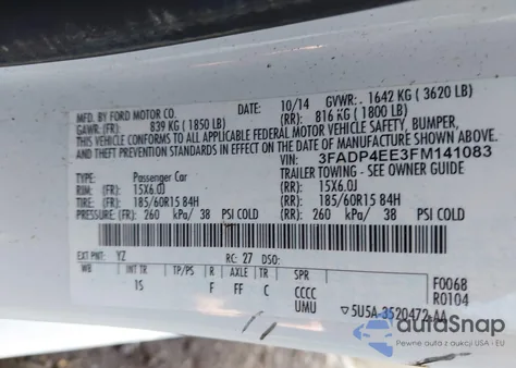 2015 Ford Fiesta Se из США, поврежденный, VIN 3FADP4EE3FM141083